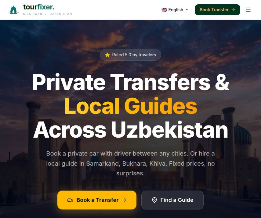 Tourfixer’s real homepage showing private transfers and local guides across Uzbekistan.