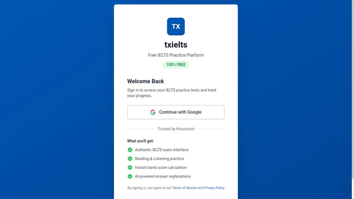 The real txielts public sign-in page introducing its free IELTS practice platform.